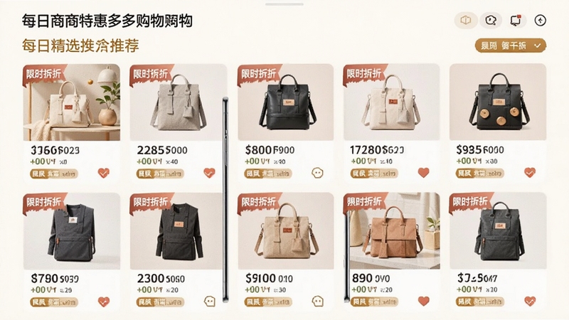 购物商城特惠多多每日精选推荐页面,展示多款热销商品卡片和限时折扣标签,明亮温馨的室内光线,手机竖屏展示