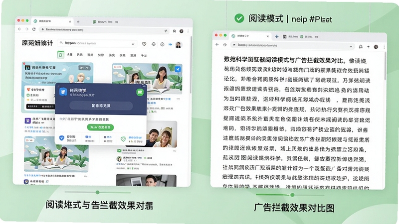 数苑科学浏览器阅读模式与广告拦截效果对比图,左侧为原始网页含广告弹窗,右侧为阅读模式下的纯净正文,背景为柔和护眼绿色,突出清爽阅读体验