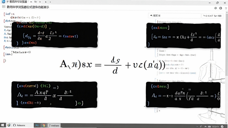 数苑科学浏览器公式渲染功能演示界面,画面中央显示复杂数学公式被完美渲染,周围环绕LaTeX代码片段与渲染结果对比,背景为白色学术风格,突出科学浏览器的专业渲染能力