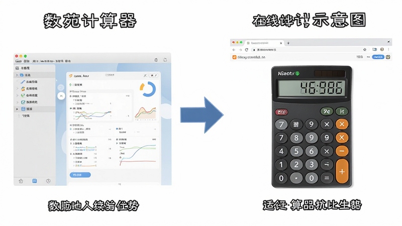 数苑计算器与在线计算器对比示意图,画面左侧为本地软件界面,右侧为浏览器网页计算器,中间用箭头连接,背景为简洁白色,突出本地软件的优势,适配Boogu模型生成