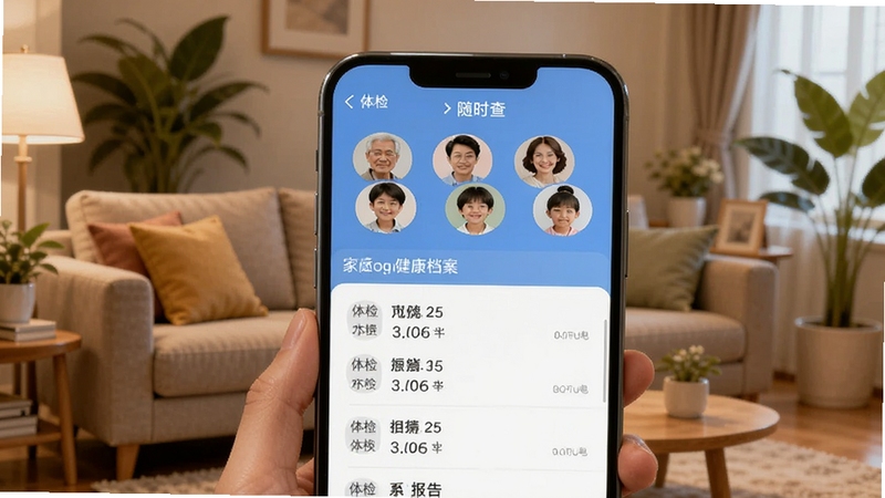 体检报告随时查 家庭健康档案切换界面,画面展示手机屏幕上方有多个家庭成员头像,下方显示各自的体检报告列表,背景为温馨的家庭客厅场景,有沙发和绿植,光线温暖,画面主体为手机,背景区域为虚化的家庭环境,适配Boogu模型生成