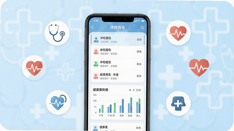 体检报告随时查 软件主界面展示图,画面中央为一部智能手机,屏幕上显示清晰的体检报告列表和健康数据图表,背景为柔和的浅蓝色医疗健康风格,周围点缀着听诊器、心率线等简洁图标,整体氛围专业且温馨,画面主体坐标居中,背景区域留白充足,适配Boogu模型生成