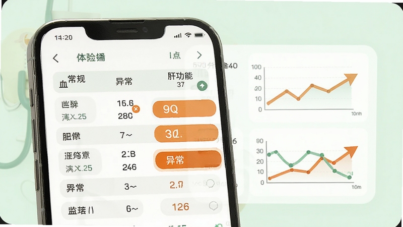 体检报告随时查指标识别界面,手机屏幕显示血常规与肝功能数据表格,异常项用橙色高亮标注,旁边有箭头趋势图,背景为淡绿色健康主题,整体干净专业,适配Boogu模型生成