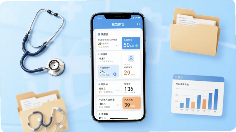 体检报告随时查软件主界面全貌展示,画面中央放置一部智能手机,屏幕显示整洁的报告列表与指标卡片,背景为浅蓝色渐变医疗健康风格,周围点缀听诊器、文件夹、数据图表等元素,整体构图居中,光线明亮柔和,适配Boogu模型生成