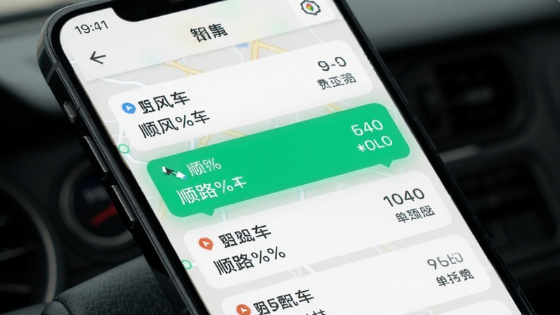 顺风车出行司机拼车 司机端智能匹配界面 手机屏幕显示多条顺路订单列表 每条订单标注顺路百分比与费用 背景为简洁的浅色地图 画面突出匹配成功的高亮效果