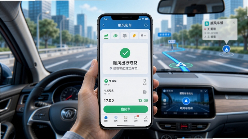 顺风车出行司机拼车 手机屏幕展示司机端接单大厅界面 背景为城市道路与导航路线 画面中央为车辆与乘客匹配成功提示 整体色调明亮 科技感与出行场景融合