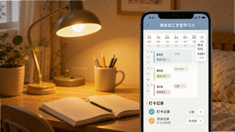 南枝视汇学堂学习计划管理界面展示图,画面主体为手机屏幕显示日历式学习计划表和打卡记录,背景区域为温馨的卧室书桌场景,暖黄色灯光营造安静学习氛围,整体风格生活化且具有亲和力。