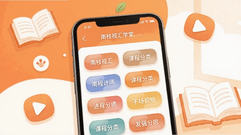 南枝视汇学堂App内课程分类页面截图风格插画,画面主体为手机屏幕展示多个课程分类标签,背景区域为柔和橙色与白色拼接的学习场景,周围点缀书本和播放按钮图标,整体视觉效果温暖舒适,适合作为软件功能展示图。