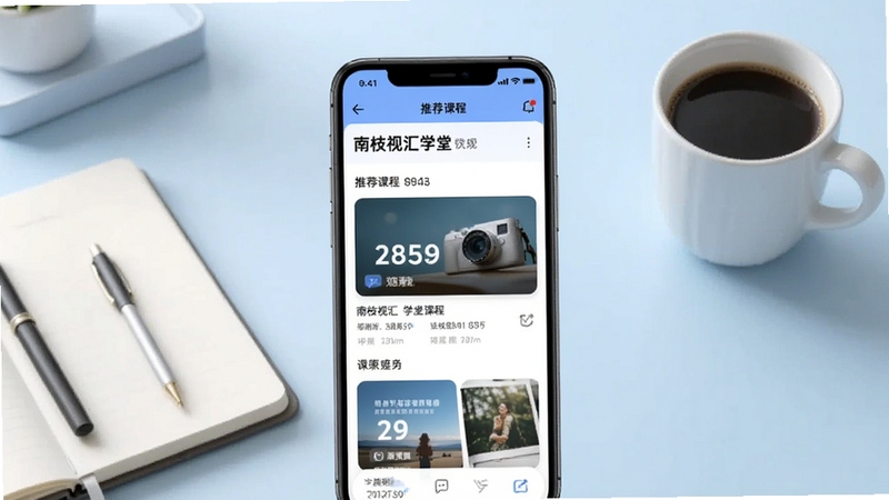 一款名为南枝视汇学堂的手机应用界面展示图,画面中央放置一部智能手机,屏幕显示软件首页推荐课程列表,背景区域为浅蓝色渐变书桌场景,桌面摆放笔记本和咖啡杯,整体风格清新明亮,突出学习氛围与科技感,适配Boogu模型生成。
