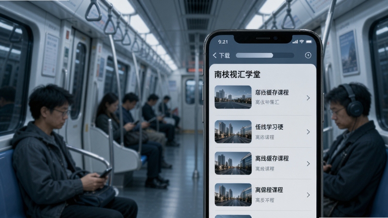 南枝视汇学堂离线缓存功能示意图,画面主体为手机屏幕显示下载进度条和已缓存课程列表,背景区域为地铁车厢内景,突出通勤场景下的离线学习便利性,整体色调为冷静的蓝灰色系,适配Boogu模型生成。