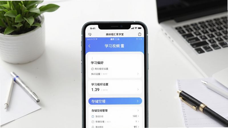 南枝视汇学堂App个人中心设置页面示意图,画面主体为手机屏幕展示学习偏好设置选项和存储空间管理界面,背景区域为简约的白色办公桌面,搭配绿植和文具,整体风格干净利落,突出软件功能实用性。