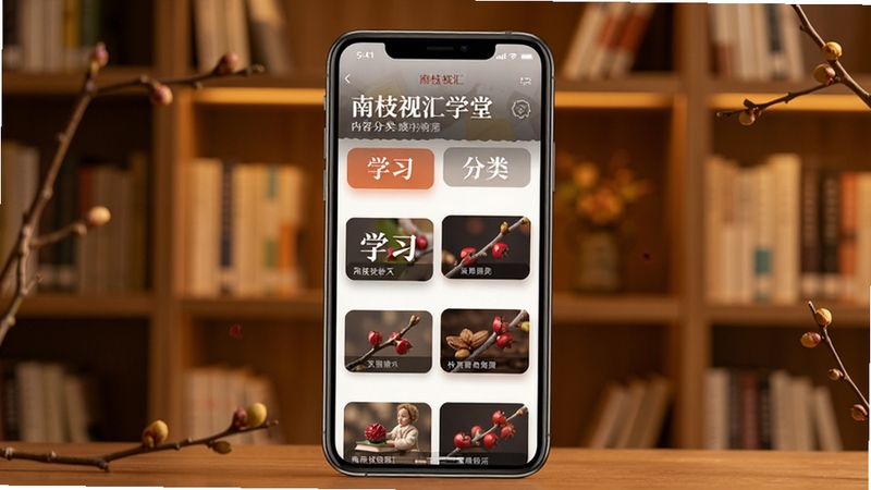南枝视汇学堂内容分类页面,画面中央为手机屏幕,屏幕上展示多个学习分类标签与缩略图,背景为暖色调书架元素,整体氛围安静