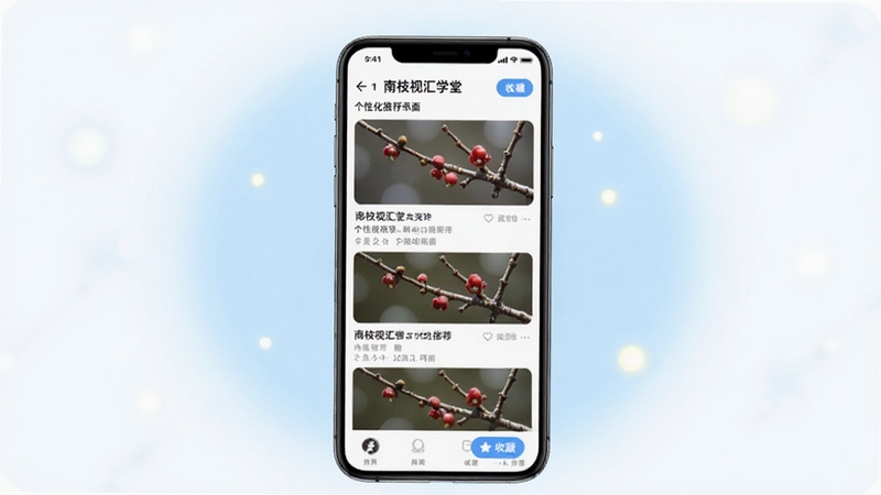南枝视汇学堂个性化推荐界面,画面中央为手机屏幕,屏幕上显示推荐内容瀑布流与收藏按钮,背景为淡蓝色光晕,整体氛围温馨