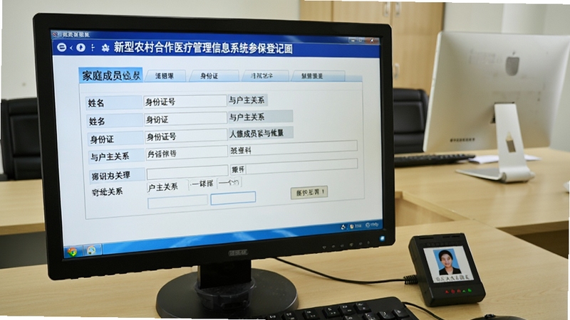 ����ũ�����ҽ�ƹ�����Ϣϵͳ�α��Ǽǽ��棬����չʾ������Ļ�м�ͥ��Ա��Ϣ¼����񣬰�������������֤�š��뻧����ϵ���ֶΣ��Ա�������֤�������豸������Ϊ���İ칫���棬ͼƬ���дʵ����