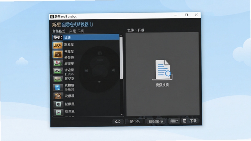 新星mp3音频格式转换器软件主界面展示,画面中央为软件操作窗口,左侧显示音频格式列表,右侧为文件拖拽区域,背景为浅蓝色渐变,整体风格简洁清爽,适合软件下载站展示