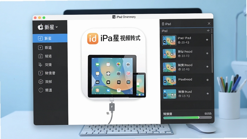 一款名为新星iPad视频格式转换器的电脑软件界面全貌,画面中央为主操作窗口,左侧为功能导航栏,右侧为视频文件列表与转换进度条,背景为浅蓝色渐变办公桌面环境,整体风格清爽简洁,突出软件图标与iPad设备连接示意图,适合软件下载站展示用途。