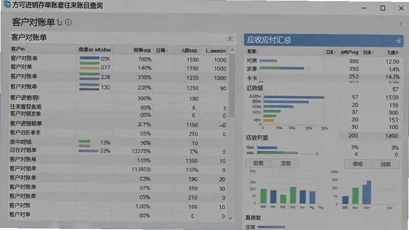 方可进销存单账套往来账目查询界面,画面展示客户对账单表格与应收应付汇总卡片,背景为浅灰色,数据图表清晰,适配Boogu模型生成
