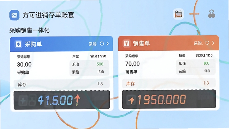 方可进销存单账套采购销售一体化管理界面,画面中显示采购单与销售单并排排列,库存数字动态变化,背景为淡蓝色渐变,图标风格扁平化,适配Boogu模型生成