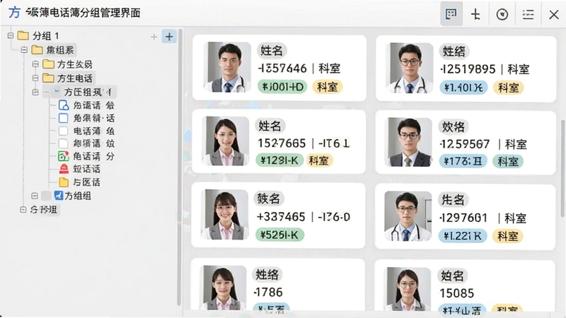 ��ҽ�������绰���绰�������������ʾ��ͼ���������Ϊ��������Ŀ¼���Ҳ�Ϊ��ϵ�˿�Ƭ�б���ÿ�ſ�Ƭ��ʾ�������绰����ұ�ǩ������Ϊǳ��ɫ�����񣬽��沼����������