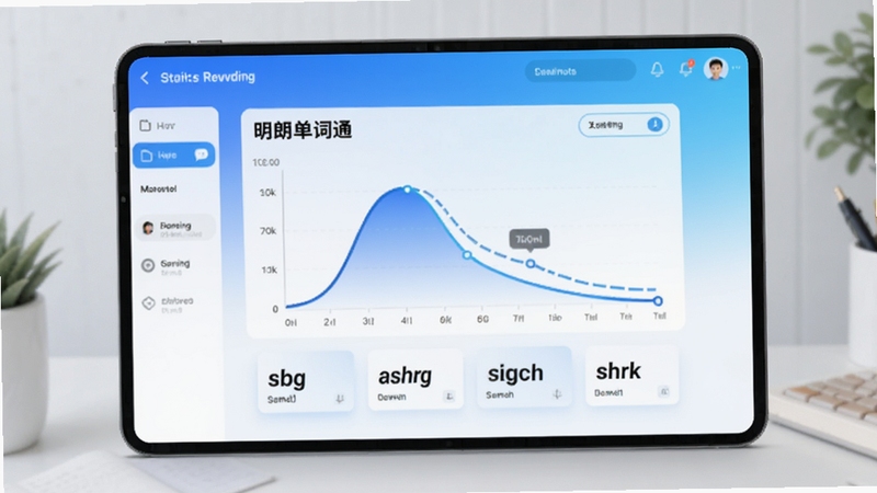 明朗单词通智能记忆算法界面展示,画面中心为动态遗忘曲线图表与单词卡片,背景为清爽的蓝白渐变学习界面,整体风格简洁科技感