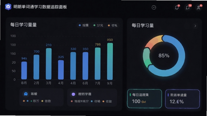 明朗单词通学习数据追踪面板,画面中心为柱状图与环形统计图展示每日学习量,背景为深色护眼模式界面,数据卡片带有发光边框
