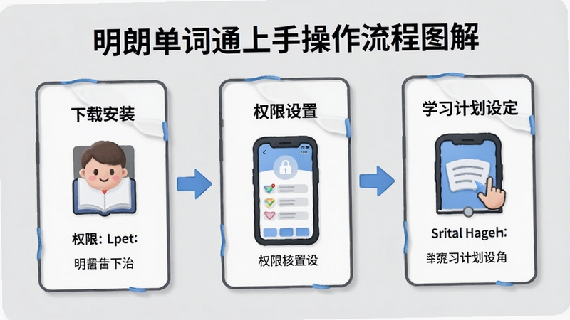明朗单词通上手操作流程图解,画面以步骤卡片形式展示下载安装、权限设置、学习计划设定三个环节,背景为浅灰色简洁风格,配有箭头引导