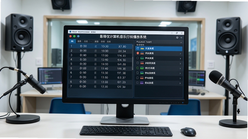 画面中央是一台运行易得优计算机音乐打铃播放系统的电脑显示器,屏幕上显示着清晰的时间表和播放列表界面,背景是整洁的学校广播室环境,周围有音箱和麦克风设备,整体色调明亮专业,突出软件的自动化管理特性。