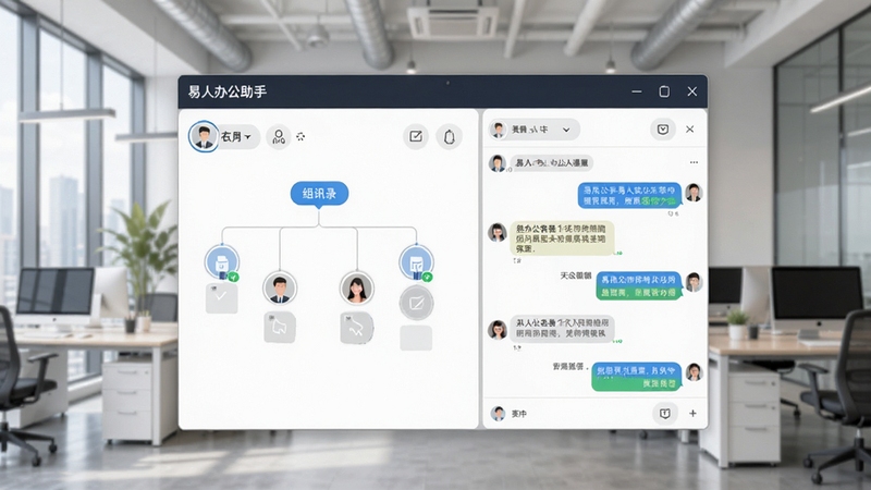 易人办公助手即时沟通界面,展示组织架构通讯录与聊天窗口,软件名称出现在界面醒目位置,画面主体居中,背景为现代化办公环境
