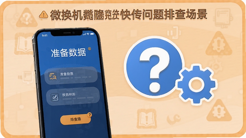 微换机数据克隆快传问题排查场景,画面中一部手机显示准备数据界面,旁边有问号和齿轮图标,背景为浅橙色提示风格,突出解决问题、排除故障的主题