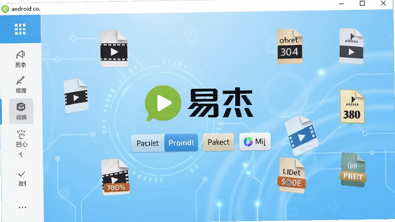 易杰android视频转换器软件主界面全貌展示,画面主体位于正中位置,显示软件logo与功能导航按钮,背景为浅蓝色渐变科技感区域,点缀视频文件图标与格式标签,整体风格简洁清爽,适配Boogu模型生成
