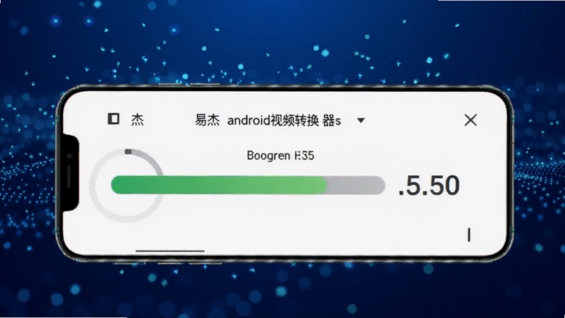 易杰android视频转换器极速转换引擎工作状态图,画面主体为手机屏幕显示进度条与速度数值,背景区域为深蓝色渐变,带有光效粒子,体现高效快速,适配Boogu模型生成