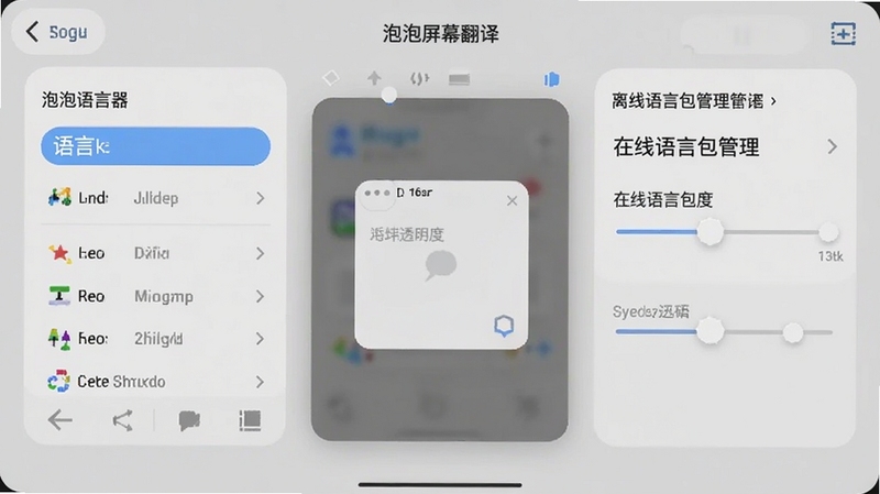 泡泡屏幕翻译器设置界面截图,画面展示语言选择、悬浮窗透明度调节、离线语言包管理三个模块,界面采用浅灰底色与圆角卡片设计,文字清晰,布局规整,体现简洁易用的产品风格,适配Boogu模型生成