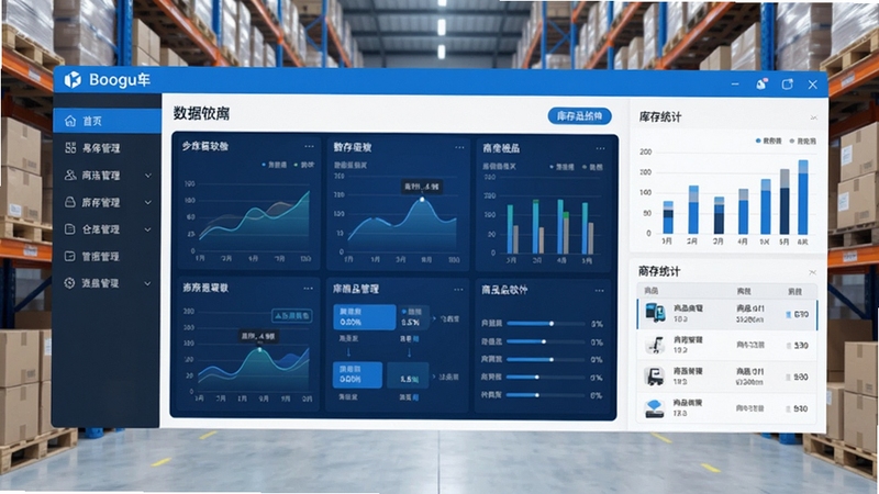 易洁仓库管理软件主界面全景展示,画面中央为软件仪表盘数据看板,左侧为功能导航栏,右侧为库存统计图表与商品列表,背景为现代化仓库货架场景,整体色调以蓝白为主,突出专业与科技感,适合Boogu模型生成