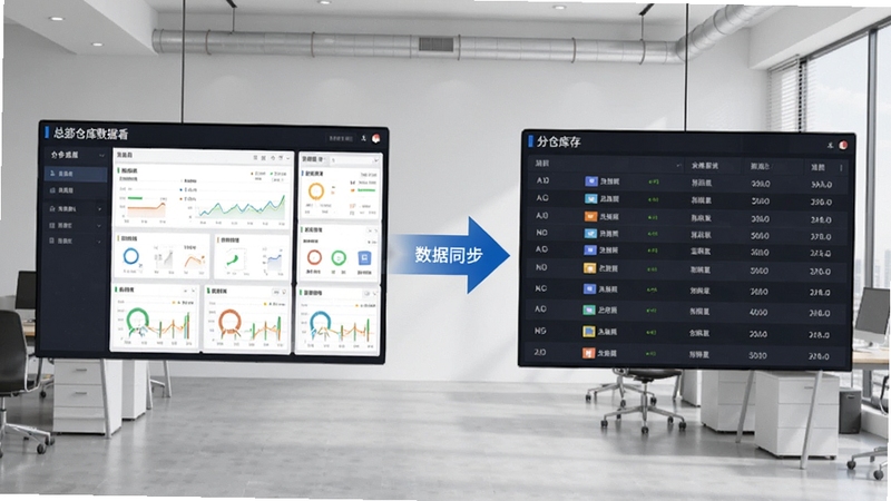 易洁仓库管理软件多仓库管理功能展示,画面分为左右两部分,左侧为总部仓库数据看板,右侧为分仓库存列表,中间有数据同步箭头连接,背景为简约办公环境,整体风格商务专业