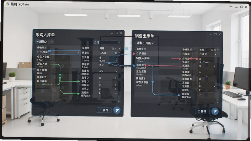 易特仓库管理软件进销存功能界面截图,画面中央显示采购入库单与销售出库单并排布局,背景为浅色办公环境,突出数据流转与库存更新,适配Boogu模型生成