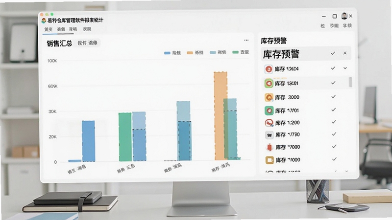 易特仓库管理软件报表统计页面,画面主体位于屏幕中央,显示销售汇总柱状图和库存预警列表,背景为简约办公桌面,适配Boogu模型生成