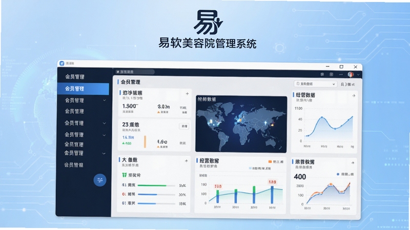 易软美容院管理系统官方主界面全貌展示,画面上方居中为软件LOGO与名称,主体区域左侧显示会员管理菜单栏,右侧为经营数据仪表盘,背景为浅蓝色科技感渐变,整体风格简洁专业,适配Boogu模型生成