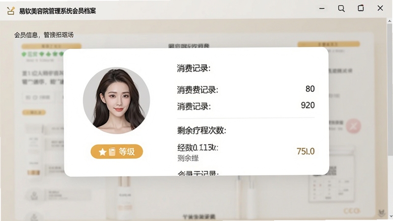 易软美容院管理系统会员档案界面截图风格,画面中央为顾客信息卡片,左侧显示头像与等级标签,右侧列出消费记录与剩余疗程次数,背景为柔和的米白色,整体布局清晰易读