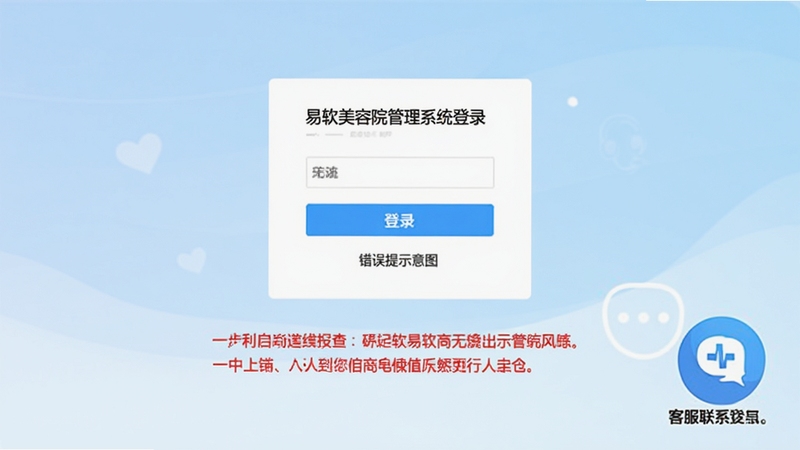 易软美容院管理系统登录界面与错误提示示意图,画面中央为登录框,下方显示红色提示文字,右侧有客服联系方式图标,背景为淡蓝色渐变,风格简洁