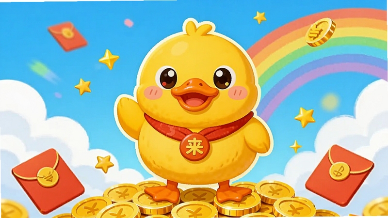 一只圆润可爱的黄色卡通鸭子站在金币堆上,背景是蓝天白云和彩虹,周围散落红包和星星元素,画面中心位置突出鸭鸭来财主体形象,整体风格明亮活泼,扁平化插画质感,适合作为软件宣传图