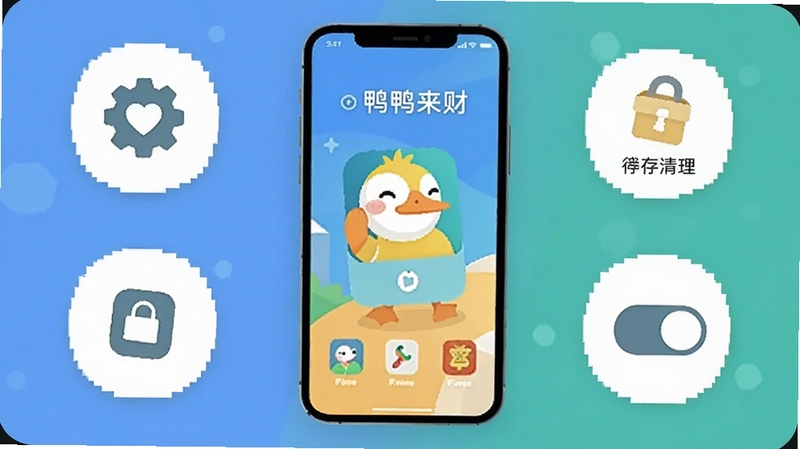 手机屏幕显示鸭鸭来财应用界面,周围环绕着设置图标、缓存清理图标和权限开关图标,画面采用扁平化设计风格,色彩清新,突出安装与设置主题