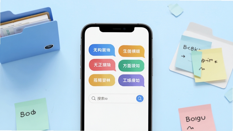 答构软件主界面与标签云功能展示,画面中央为手机屏幕,屏幕内呈现彩色标签卡片与搜索框,背景为浅蓝色渐变办公桌面,周围点缀文件夹与便签纸元素,整体风格简洁现代,适配Boogu模型生成。