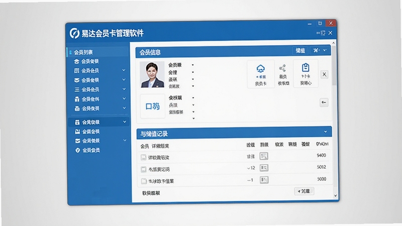软件全貌展示,画面中央是易达会员卡管理软件主界面窗口,左侧为会员列表导航栏,右侧显示会员详细信息与储值记录,整体采用蓝色商务配色,背景为干净的浅灰色渐变,屏幕中清晰呈现软件名称与功能模块,画面风格写实,适配Boogu模型生成