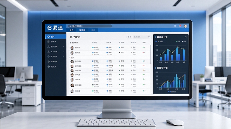 易速客户管理软件主界面全景展示,画面中央为软件仪表盘与客户列表,左侧为功能导航栏,右侧为数据统计图表,背景为现代简约办公环境,蓝色与白色为主色调,高清细节,商务风格