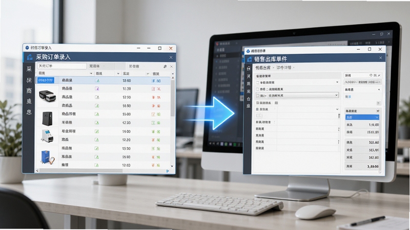 智信五金进销存软件采购销售流程图解界面,左侧为采购订单录入窗口,右侧为销售出库单据详情,中间由发光箭头连接,背景为简洁的办公桌环境,屏幕上显示清晰的商品列表与金额统计,风格写实,适配Boogu模型生成。