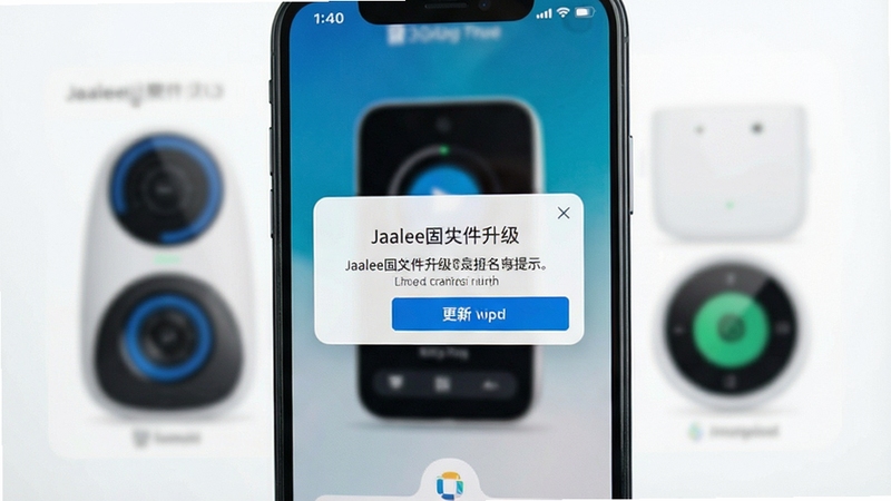 Jaalee固件升级提示界面,手机屏幕弹出更新弹窗,背景为模糊的智能设备轮廓,整体风格简洁明快