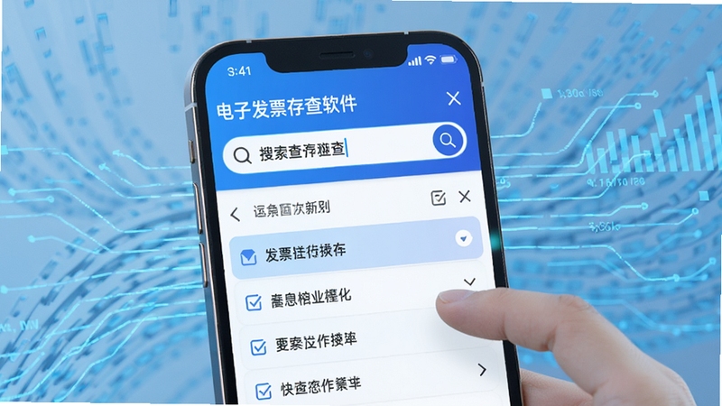 电子发票存查软件查询操作示意图,画面主体为手机屏幕显示搜索框输入关键词后列表实时筛选的过程,背景为浅蓝色抽象数据流线条,体现快速检索概念,风格科技感
