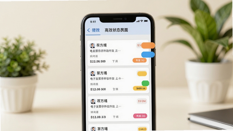 电子发票存查软件报销状态跟踪界面,画面主体为手机屏幕显示发票列表,每张发票右侧有彩色状态标签,背景为柔和米白色办公环境,有绿色植物点缀,体现高效管理氛围