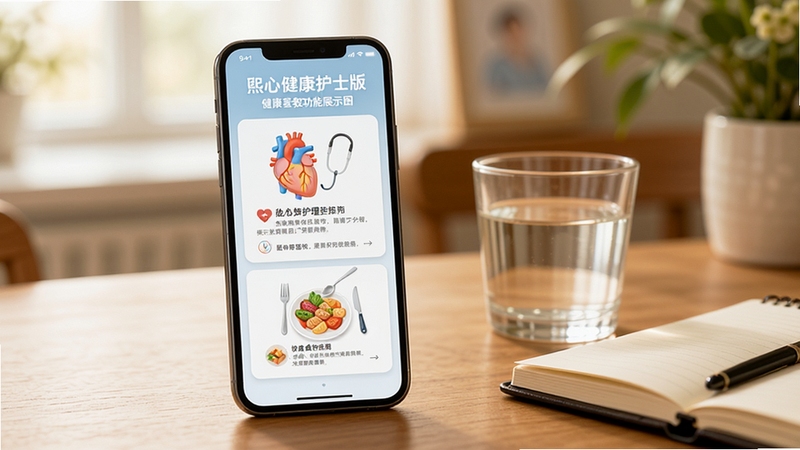 熙心健康护士版健康宣教功能展示图,画面主体为手机屏幕内呈现图文并茂的健康教育卡片,卡片上有心脏护理与饮食指导插图,手机放置在木质桌面上,旁边有一杯温水与笔记本,背景虚化处理,整体氛围温暖专业