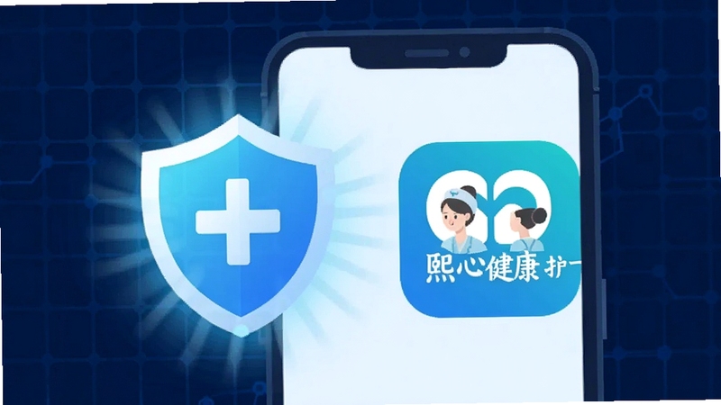 熙心健康护士版安全使用主题插画,画面主体为一部手机屏幕显示盾牌安全图标与熙心健康护士版应用图标并列,背景为深蓝色科技感网格纹理,盾牌发出淡蓝色光芒,整体传递安全可靠的视觉感受,扁平化设计风格